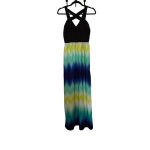Unbranded Black Bandage Top Chevron Ikat Maxi Dress Teal Blue Yellow Boho Small